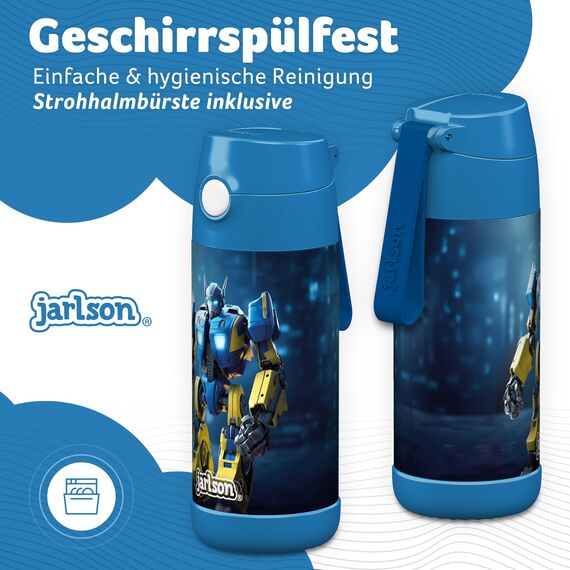 Jarlson® Trinkflasche Kinder Edelstahl Charli [MIT STROHHALM] - Thermosflasche Auslaufsicher - Thermoskanne - Water Bottle Kids - Thermo Trink Flasche für Schule & Kindergarten (350ml, Roboter)
