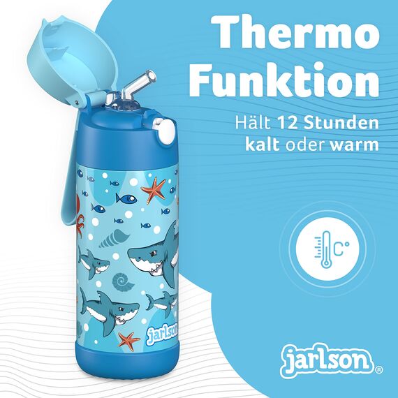 Jarlson® Trinkflasche Kinder Edelstahl Charli [MIT STROHHALM] - Thermosflasche Auslaufsicher - Thermoskanne - Water Bottle Kids - Thermo Trink Flasche für Schule & Kindergarten (350ml, Haie)