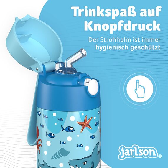 Jarlson® Trinkflasche Kinder Edelstahl Charli [MIT STROHHALM] - Thermosflasche Auslaufsicher - Thermoskanne - Water Bottle Kids - Thermo Trink Flasche für Schule & Kindergarten (350ml, Haie)