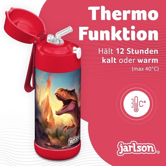Jarlson® Trinkflasche Kinder Edelstahl Charli [MIT STROHHALM] Thermosflasche Auslaufsicher - Thermoskanne - Water Bottle Kids - Thermo Trink Flasche für Schule & Kindergarten (350ml, Dinosaurier 2.0)