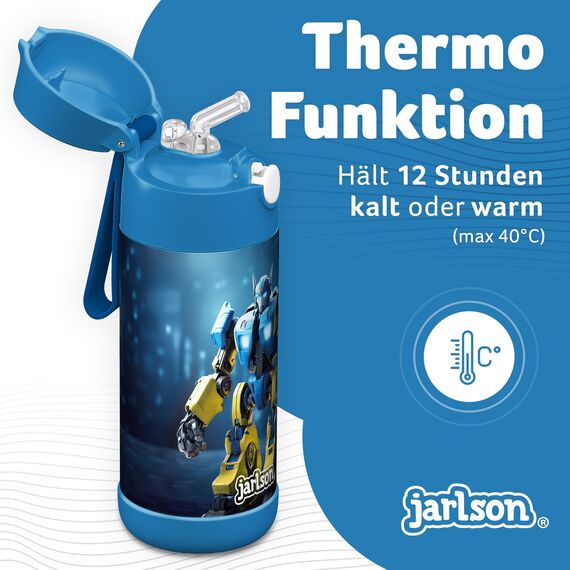 Jarlson® Trinkflasche Kinder Edelstahl Charli [MIT STROHHALM] - Thermosflasche Auslaufsicher - Thermoskanne - Water Bottle Kids - Thermo Trink Flasche für Schule & Kindergarten (350ml, Roboter)