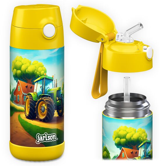 Jarlson® Trinkflasche Kinder Edelstahl Charli [MIT STROHHALM] - Thermosflasche Auslaufsicher - Thermoskanne - Water Bottle Kids - Thermo Trink Flasche für Schule & Kindergarten (350ml, Traktor)