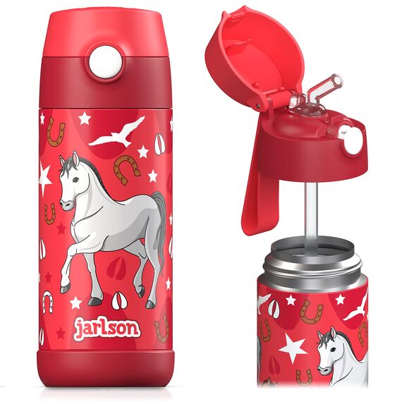 Jarlson® Trinkflasche Kinder Edelstahl Charli [MIT STROHHALM] - Thermosflasche Auslaufsicher - Thermoskanne - Water Bottle Kids - Thermo Trink Flasche für Schule & Kindergarten (350ml, Pferd)