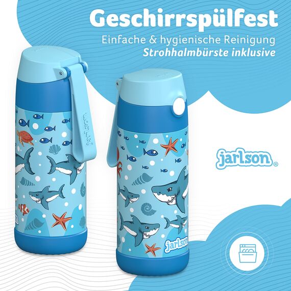 Jarlson® Trinkflasche Kinder Edelstahl Charli [MIT STROHHALM] - Thermosflasche Auslaufsicher - Thermoskanne - Water Bottle Kids - Thermo Trink Flasche für Schule & Kindergarten (350ml, Haie)