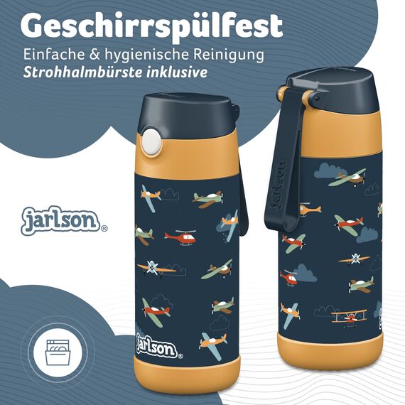 Jarlson® Trinkflasche Kinder Edelstahl Charli [MIT STROHHALM] - Thermosflasche Auslaufsicher - Thermoskanne - Water Bottle Kids - Thermo Trink Flasche für Schule & Kindergarten (350ml, Flugzeuge)