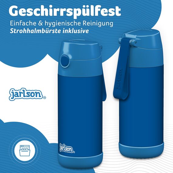 Jarlson® Trinkflasche Kinder Edelstahl Charli [MIT STROHHALM] - Thermosflasche Auslaufsicher - Thermoskanne - Water Bottle Kids - Thermo Trink Flasche für Schule & Kindergarten (350ml, Blau)