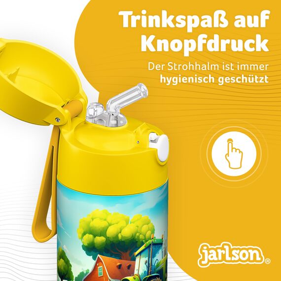 Jarlson® Trinkflasche Kinder Edelstahl Charli [MIT STROHHALM] - Thermosflasche Auslaufsicher - Thermoskanne - Water Bottle Kids - Thermo Trink Flasche für Schule & Kindergarten (350ml, Traktor)