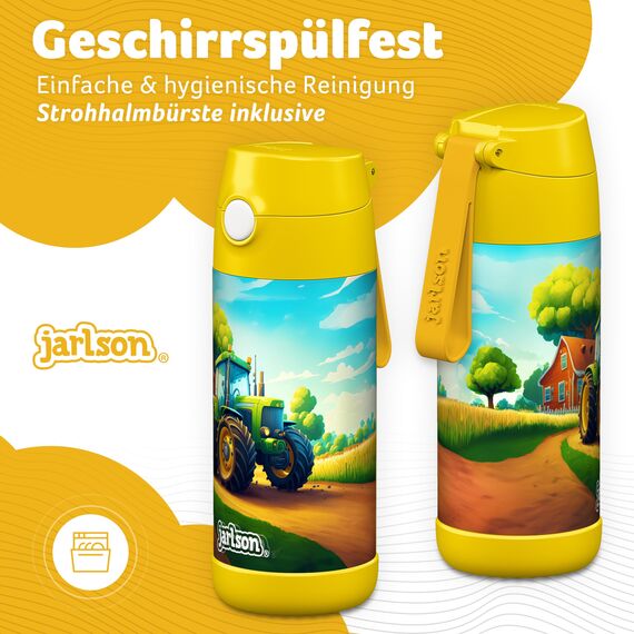 Jarlson® Trinkflasche Kinder Edelstahl Charli [MIT STROHHALM] - Thermosflasche Auslaufsicher - Thermoskanne - Water Bottle Kids - Thermo Trink Flasche für Schule & Kindergarten (350ml, Traktor)