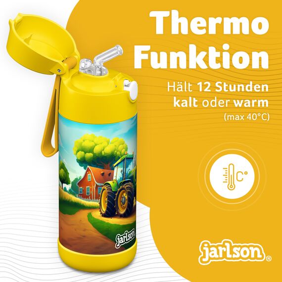 Jarlson® Trinkflasche Kinder Edelstahl Charli [MIT STROHHALM] - Thermosflasche Auslaufsicher - Thermoskanne - Water Bottle Kids - Thermo Trink Flasche für Schule & Kindergarten (350ml, Traktor)