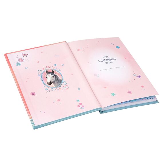 goldbuch 43 141 Freundebuch Luna, Freundschaftsbuch DIN A5 mit 84 illustrierte Seiten, für Kita, Hort und Grundschule, für Beste Freunde in der Schulzeit, Kunstdruck Einband mit Pferde-Motiv, Rosa