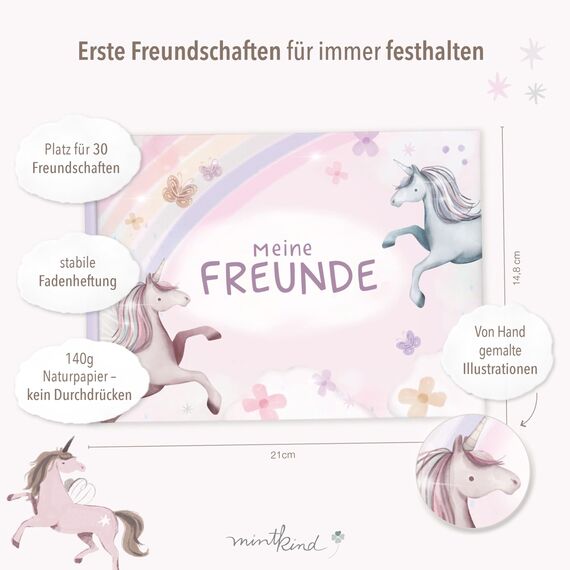 mintkind® Schulfreundebuch Einhorn – Freundebuch Grundschule für Mädchen mit handgemalten Illustrationen, 30 Freundeseiten, Geburtstagskalender, Malrätsel, stabiles Hardcover DIN A5 Querformat