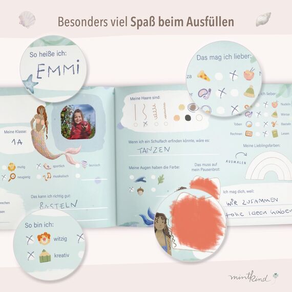 mintkind® Schulfreundebuch Meerjungfrauen – Freundebuch Grundschule für Mädchen mit Illustrationen, 30 Freundeseiten, Geburtstagskalender, Malrätsel, stabiles Hardcover DIN A5 Querformat