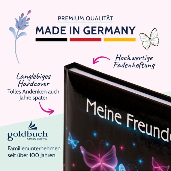 goldbuch 43577 Freundebuch Schmetterling, Freundschaftsbuch DIN A5 mit 88 illustrierte Seiten, für Kita, Hort und Grundschule, für Beste Freunde in der SchulzeitKunstdruck, Schwarz / Pink / Blau 88 mm