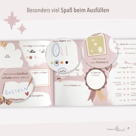 mintkind® „Meine Schulfreunde“ Freundebuch Schule Mädchen und Jungen Boho Design | Freundschaftsbuch Grundschule | Meine Freunde Buch Geschenk zur Einschulung | Schulfreundebuch zum Ausfüllen, Papier