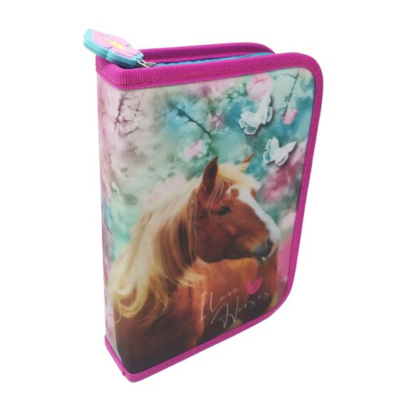 Theonoi Federmäppchen Federtasche Federmappe Mäppchen Etui 2 Fach Doppeldecker Schüleretui Stifteetui GEFÜLLT (Pferde Pferd)