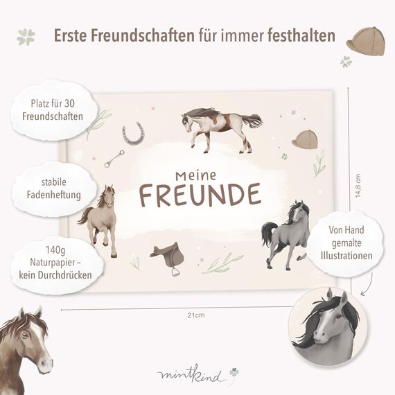 mintkind® Schulfreundebuch Pferde K – Freundebuch Grundschule für Mädchen mit handgemalten Illustrationen, 30 Freundeseiten, Geburtstagskalender, Malrätsel, stabiles Hardcover DIN A5 Querformat