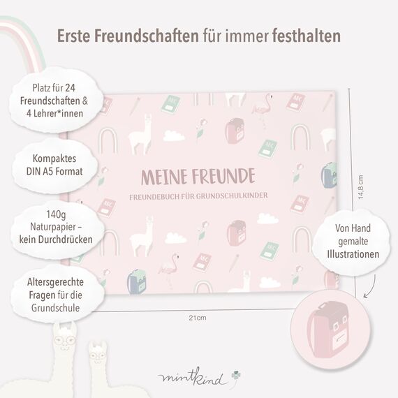 mintkind® „Meine Schulfreunde“ Freundebuch Schule Mädchen und Jungen Alpaka Design | Freundschaftsbuch Grundschule | Meine Freunde Buch Geschenk zur Einschulung | Schulfreundebuch zum Ausfüllen