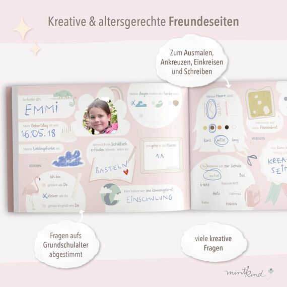 mintkind® „Meine Schulfreunde“ Freundebuch Schule Mädchen und Jungen Alpaka Design | Freundschaftsbuch Grundschule | Meine Freunde Buch Geschenk zur Einschulung | Schulfreundebuch zum Ausfüllen