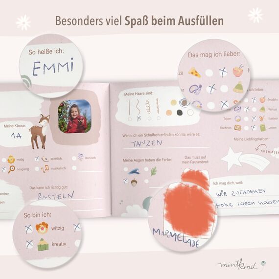 mintkind Freundebuch Grundschule – Boho Fuchs, Hardcover, 80 Seiten, DIN A5 quer, 140g Naturpapier, Seiten zum Ausmalen, Ankreuzen, Einkreisen und Schreiben