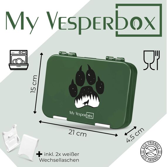 My Vesperbox – Len - Bento Box Kinder - Lunchbox mit 4+2 Fächern - extrem robust – Brotdose – Brotbox ideal für Kindergarten und Schule (Dunkelgrün Fuchs)