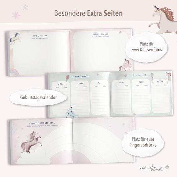 mintkind® Schulfreundebuch Einhorn – Freundebuch Grundschule für Mädchen mit handgemalten Illustrationen, 30 Freundeseiten, Geburtstagskalender, Malrätsel, stabiles Hardcover DIN A5 Querformat