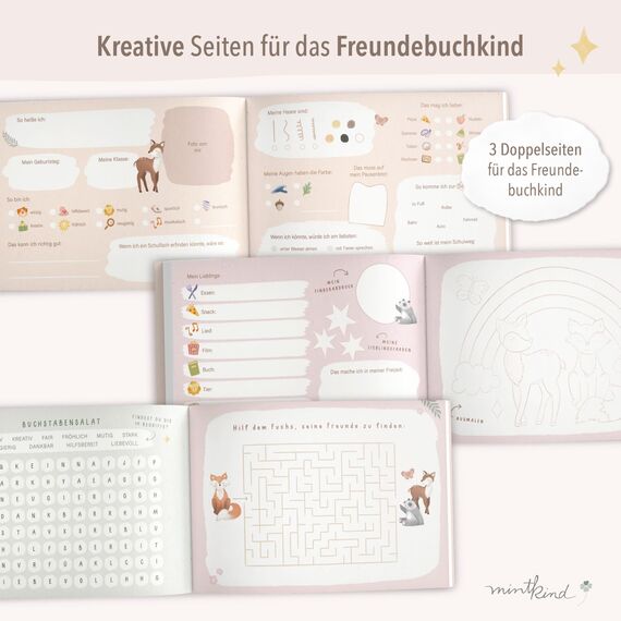 mintkind Freundebuch Grundschule – Boho Fuchs, Hardcover, 80 Seiten, DIN A5 quer, 140g Naturpapier, Seiten zum Ausmalen, Ankreuzen, Einkreisen und Schreiben