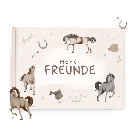 mintkind® Schulfreundebuch Pferde K – Freundebuch Grundschule für Mädchen mit handgemalten Illustrationen, 30 Freundeseiten, Geburtstagskalender, Malrätsel, stabiles Hardcover DIN A5 Querformat