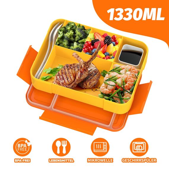 SWVIODMT Brotdose Kinder mit Fächern - 1330 ml Fassungsvermögen, auslaufsichere Bento-Box für Kinder, mit 5 Fächern, perfekt für Mädchen und Jungen - ideal für Schule und Kindergarten (Orange)