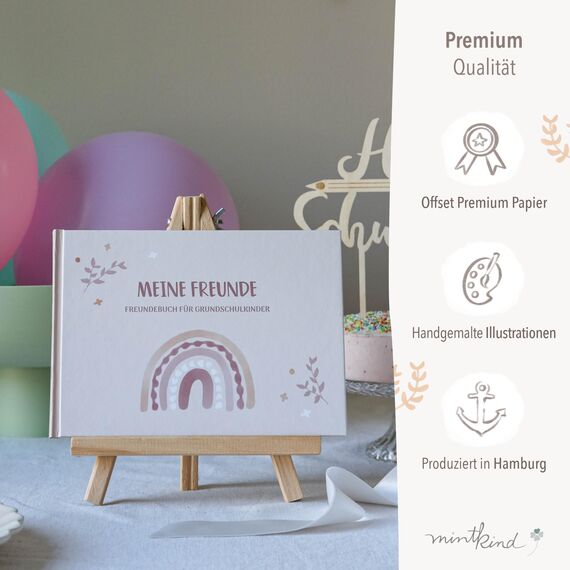 mintkind® „Meine Schulfreunde“ Freundebuch Schule Mädchen und Jungen Boho Design | Freundschaftsbuch Grundschule | Meine Freunde Buch Geschenk zur Einschulung | Schulfreundebuch zum Ausfüllen, Papier