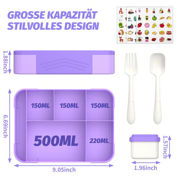 SWVIODMT Brotdose Kinder mit Fächern, 1300 ml Lunchbox für Kinder, Bento Box mit 5 Fächern Besteckset, auslaufsichere Lunchbox für Kindergarten, Schule, Picknick, Ausflüge (Lila)