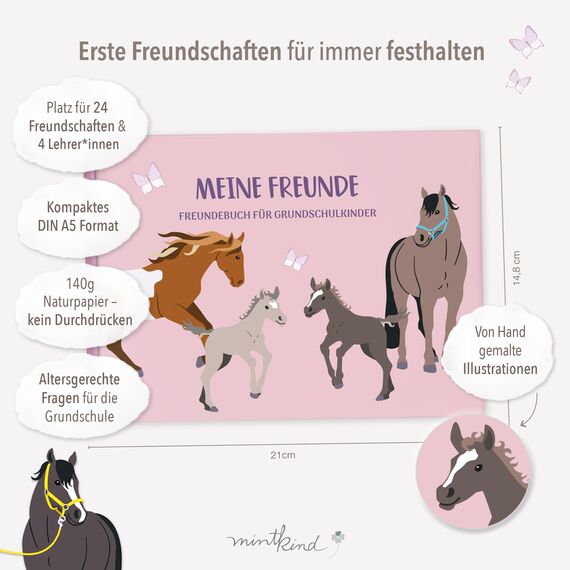 mintkind® „Meine Schulfreunde“ Freundebuch Schule Mädchen und Jungen Pferde Design | Freundschaftsbuch Grundschule | Meine Freunde Buch Geschenk zur Einschulung | Schulfreundebuch zum Ausfüllen