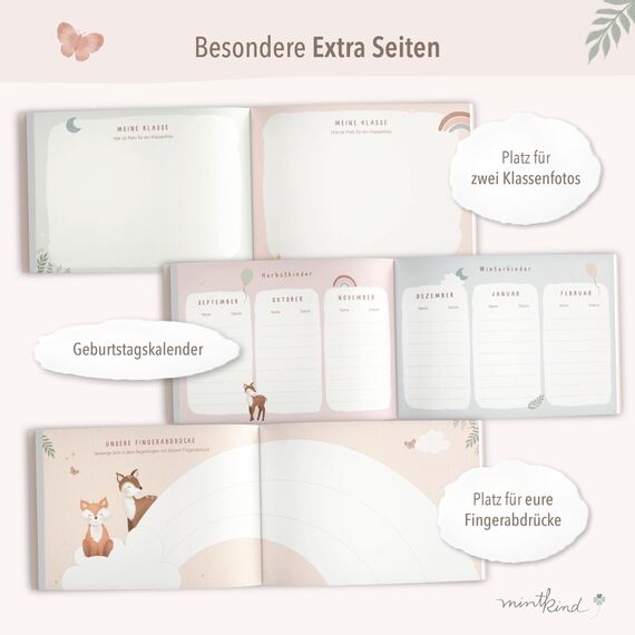 mintkind Freundebuch Grundschule – Boho Fuchs, Hardcover, 80 Seiten, DIN A5 quer, 140g Naturpapier, Seiten zum Ausmalen, Ankreuzen, Einkreisen und Schreiben