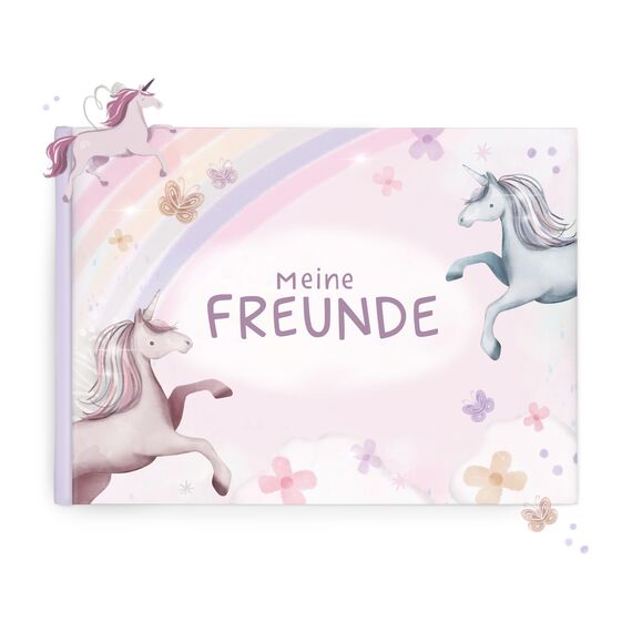 mintkind® Schulfreundebuch Einhorn – Freundebuch Grundschule für Mädchen mit handgemalten Illustrationen, 30 Freundeseiten, Geburtstagskalender, Malrätsel, stabiles Hardcover DIN A5 Querformat
