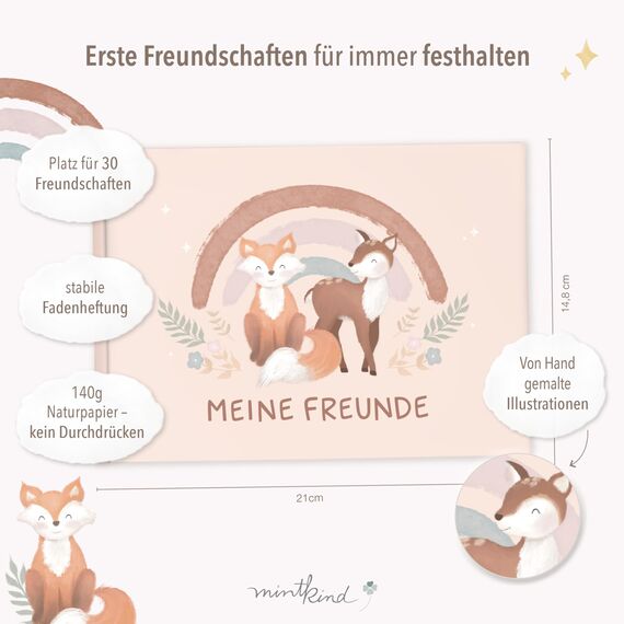 mintkind Freundebuch Grundschule – Boho Fuchs, Hardcover, 80 Seiten, DIN A5 quer, 140g Naturpapier, Seiten zum Ausmalen, Ankreuzen, Einkreisen und Schreiben