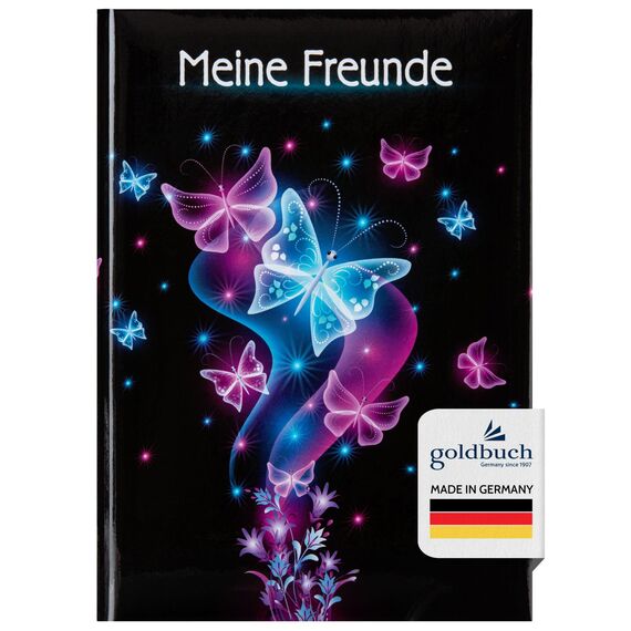 goldbuch 43577 Freundebuch Schmetterling, Freundschaftsbuch DIN A5 mit 88 illustrierte Seiten, für Kita, Hort und Grundschule, für Beste Freunde in der SchulzeitKunstdruck, Schwarz / Pink / Blau 88 mm