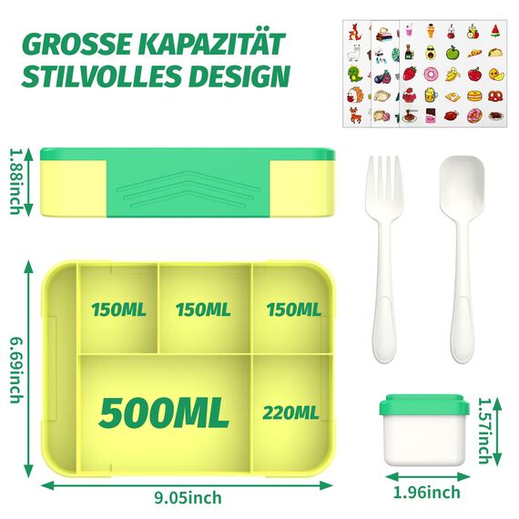 SWVIODMT Brotdose Kinder mit Fächern 1300ml Lunchbox für Kinder, Auslaufsichere Bento Box mit 5 Fächern Besteckset, Lunch Box für Kindergarten, Schule, Picknick, Ausflüge (grün)