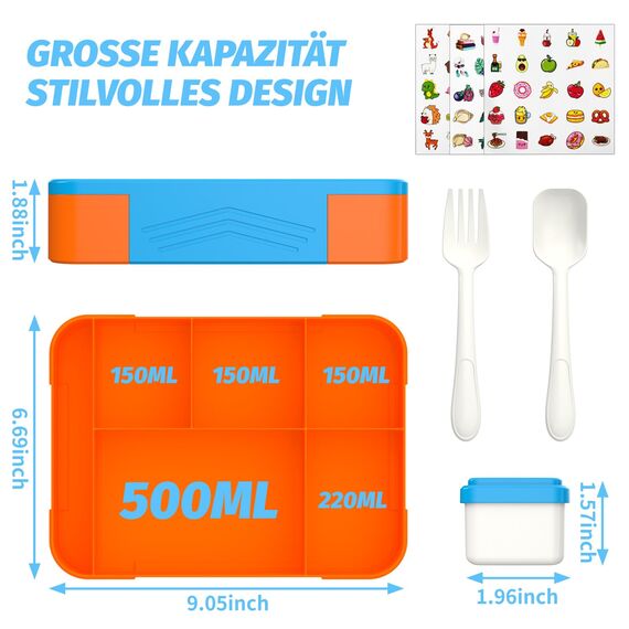 SWVIODMT Brotdose Kinder mit Fächern 1330 ml Bento Box mit 6 Fächern Besteckset - Auslaufsichere Lunchbox für Kinder - Perfekt für Garten, Schule - Cyanblau