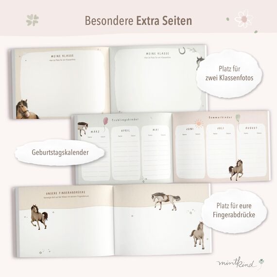 mintkind® Schulfreundebuch Pferde K – Freundebuch Grundschule für Mädchen mit handgemalten Illustrationen, 30 Freundeseiten, Geburtstagskalender, Malrätsel, stabiles Hardcover DIN A5 Querformat