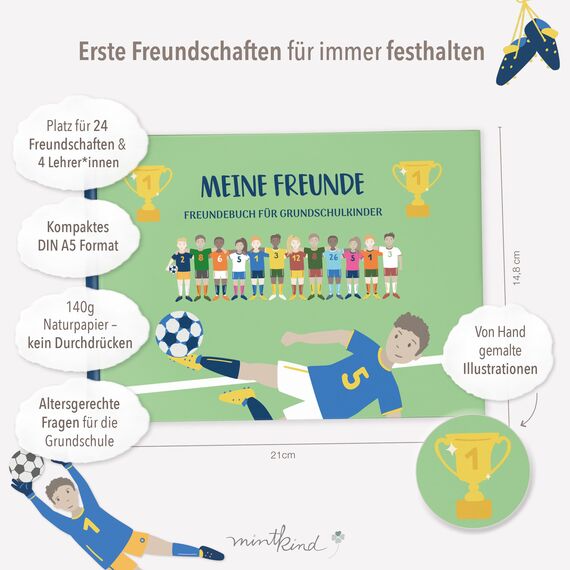 mintkind® „Meine Schulfreunde“ Freundebuch Schule Mädchen & Jungen Fußball Design | Freundschaftsbuch Grundschule | Meine Freunde Buch Geschenk zur Einschulung | Schulfreundebuch zum Ausfüllen
