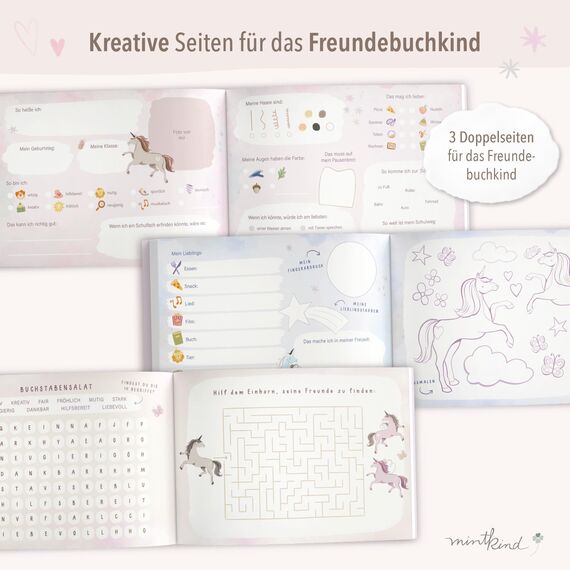 mintkind® Schulfreundebuch Einhorn – Freundebuch Grundschule für Mädchen mit handgemalten Illustrationen, 30 Freundeseiten, Geburtstagskalender, Malrätsel, stabiles Hardcover DIN A5 Querformat