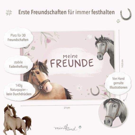 mintkind® Schulfreundebuch Pferde G – Freundebuch Grundschule für Mädchen mit handgemalten Illustrationen, 30 Freundeseiten, Geburtstagskalender, Malrätsel, stabiles Hardcover DIN A5 Querformat
