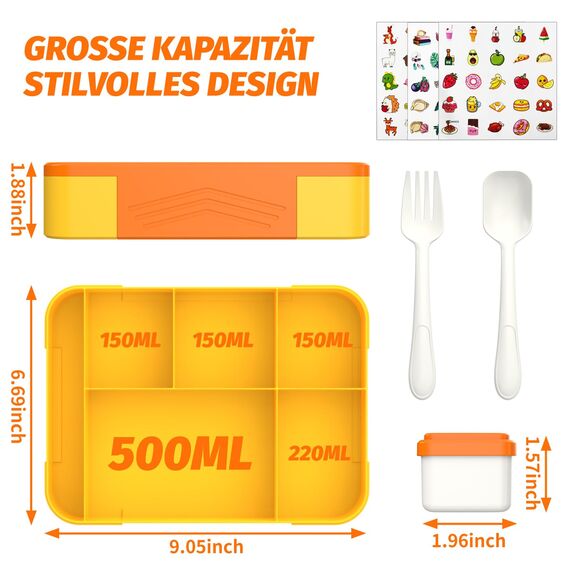 SWVIODMT Brotdose Kinder mit Fächern - 1330 ml Fassungsvermögen, auslaufsichere Bento-Box für Kinder, mit 5 Fächern, perfekt für Mädchen und Jungen - ideal für Schule und Kindergarten (Orange)