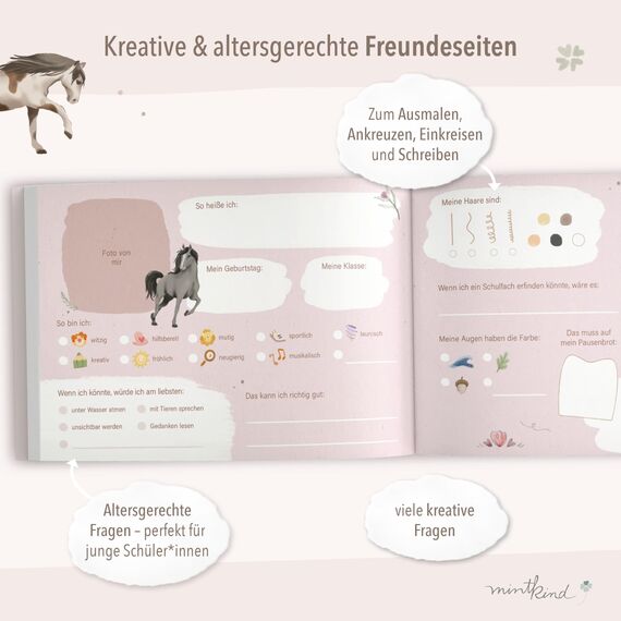 mintkind® Schulfreundebuch Pferde G – Freundebuch Grundschule für Mädchen mit handgemalten Illustrationen, 30 Freundeseiten, Geburtstagskalender, Malrätsel, stabiles Hardcover DIN A5 Querformat