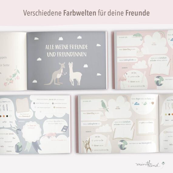 mintkind® „Meine Schulfreunde“ Freundebuch Schule Mädchen und Jungen Alpaka Design | Freundschaftsbuch Grundschule | Meine Freunde Buch Geschenk zur Einschulung | Schulfreundebuch zum Ausfüllen