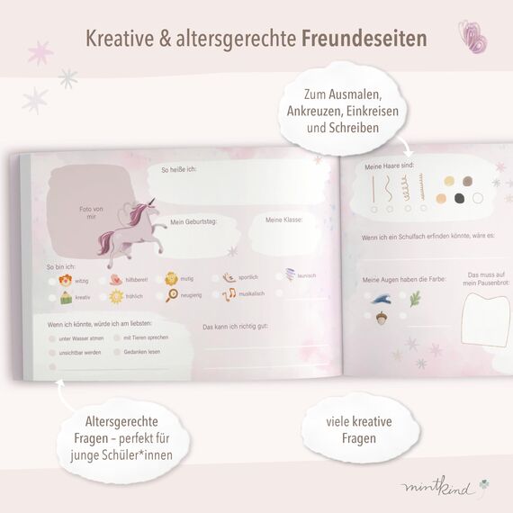 mintkind® Schulfreundebuch Einhorn – Freundebuch Grundschule für Mädchen mit handgemalten Illustrationen, 30 Freundeseiten, Geburtstagskalender, Malrätsel, stabiles Hardcover DIN A5 Querformat