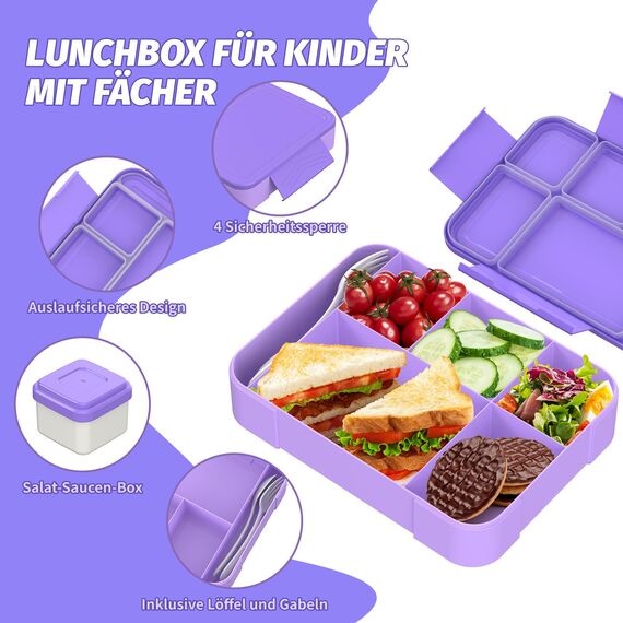 SWVIODMT Brotdose Kinder mit Fächern, 1300 ml Lunchbox für Kinder, Bento Box mit 5 Fächern Besteckset, auslaufsichere Lunchbox für Kindergarten, Schule, Picknick, Ausflüge (Lila)