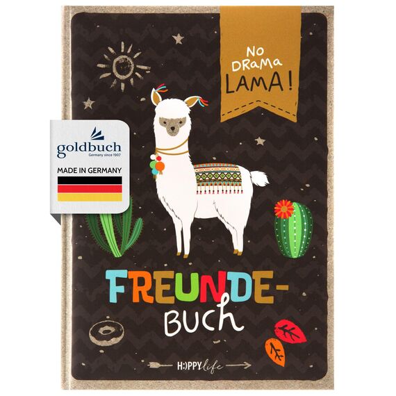 goldbuch 43581 Freundebuch Happylife Lama DIN A5, zum Ausfüllen, Erinnerungsbuch an Freunde, Notizbuch mit 84 illustrierte Seiten, Einband mit Kunstdruck, ca. 15 x 21 x 1,5 cm