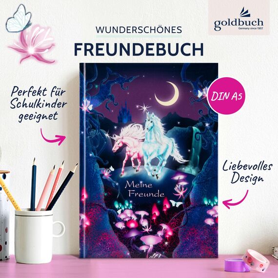 goldbuch 43579 Freundebuch Unicorn, Freundschaftsbuch DIN A5 mit 88 illustrierte Seiten, für Kita, Hort und Grundschule, für Beste Freunde in der Schulzeit, Kunstdruck, Lila, 70 Mm
