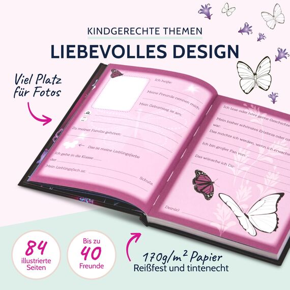 goldbuch 43577 Freundebuch Schmetterling, Freundschaftsbuch DIN A5 mit 88 illustrierte Seiten, für Kita, Hort und Grundschule, für Beste Freunde in der SchulzeitKunstdruck, Schwarz / Pink / Blau 88 mm