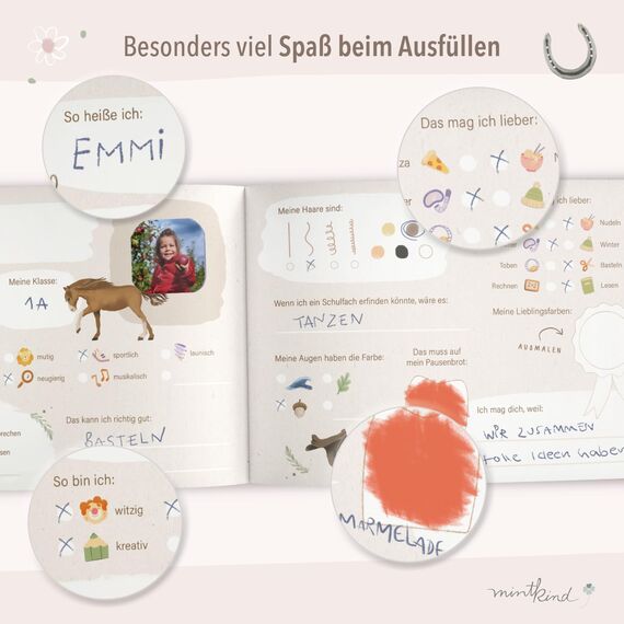 mintkind® Schulfreundebuch Pferde K – Freundebuch Grundschule für Mädchen mit handgemalten Illustrationen, 30 Freundeseiten, Geburtstagskalender, Malrätsel, stabiles Hardcover DIN A5 Querformat